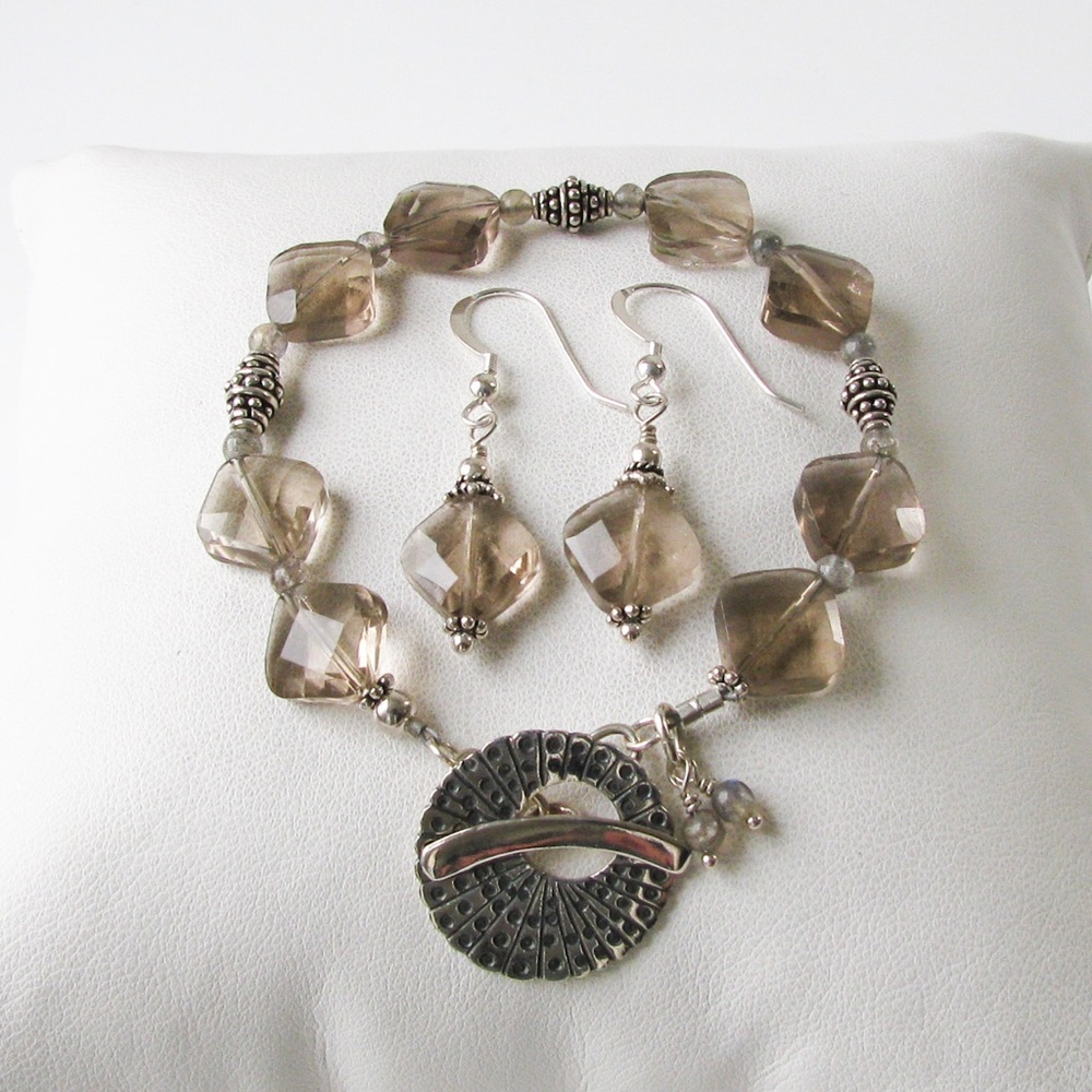 Handcrafted Smokey Quartz Bracelet Earrings Set Sterling Silver